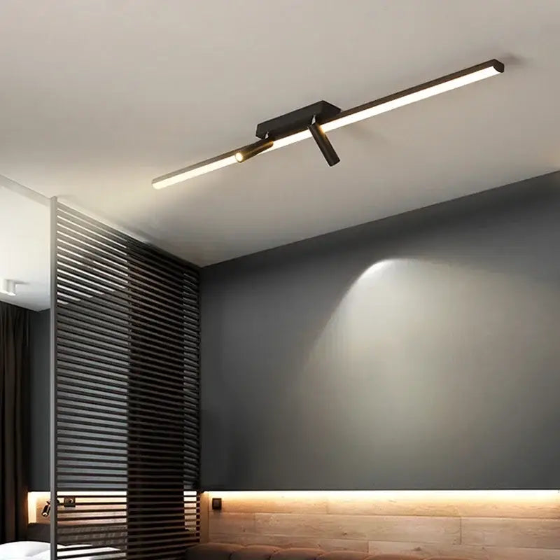 Modern minimalist black strip led chandelier with gold spotlights dining room