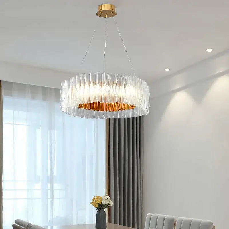 Modern ribbed acrylic ceiling chandelier gold ring dining room light