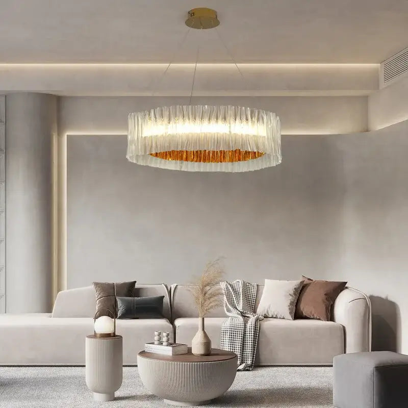 Modern ribbed acrylic ceiling chandelier gold ring dining room light