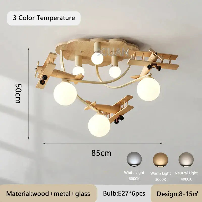 Wooden airplane chandelier light with cloud base for nursery room