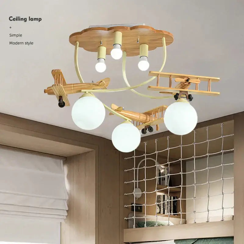 Wooden airplane chandelier light with cloud base for nursery room