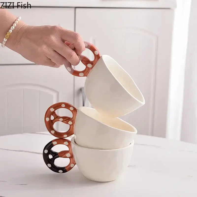 Polka dot pretzel biscuit mug and saucer set dining room ceramic cup