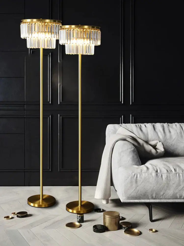 Luxury gold brass crystal floor lamp living room lighting set