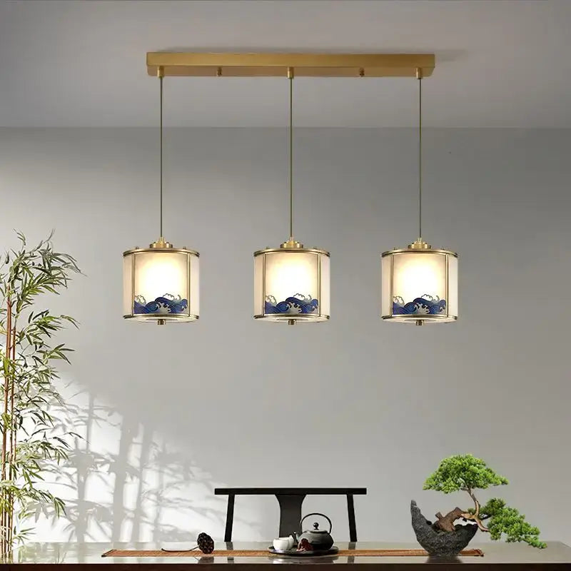 Elegant blue wave glass copper entrance light bedroom pendant