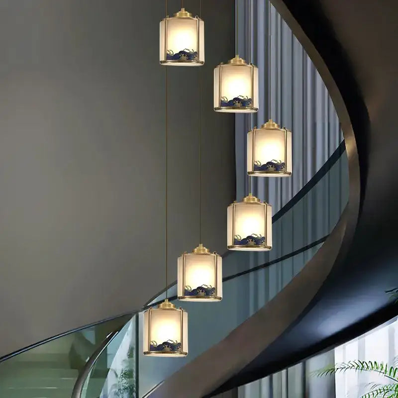 Elegant blue wave glass copper entrance light bedroom pendant
