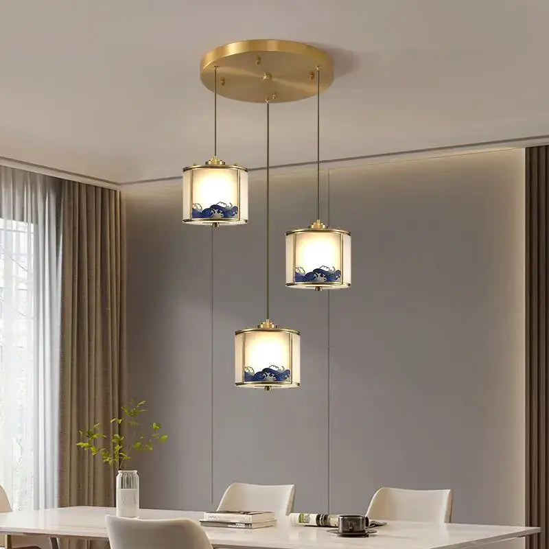Elegant blue wave glass copper entrance light bedroom pendant