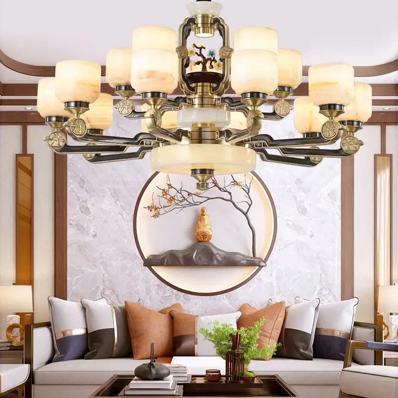 Branch design brass and frosted glass copper jade chandelier living room