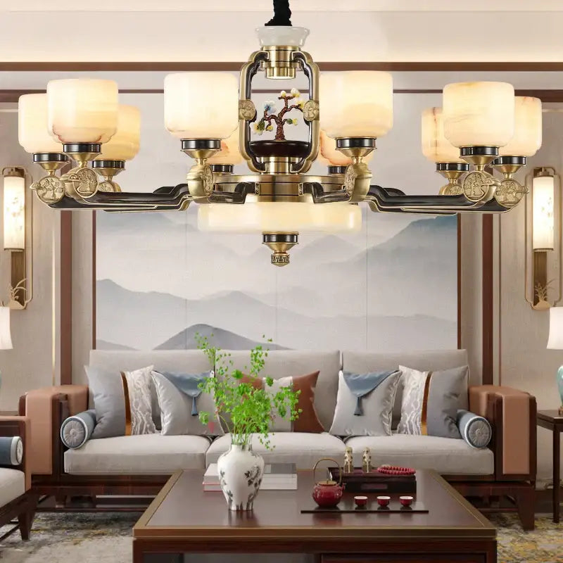 Branch design brass and frosted glass copper jade chandelier living room