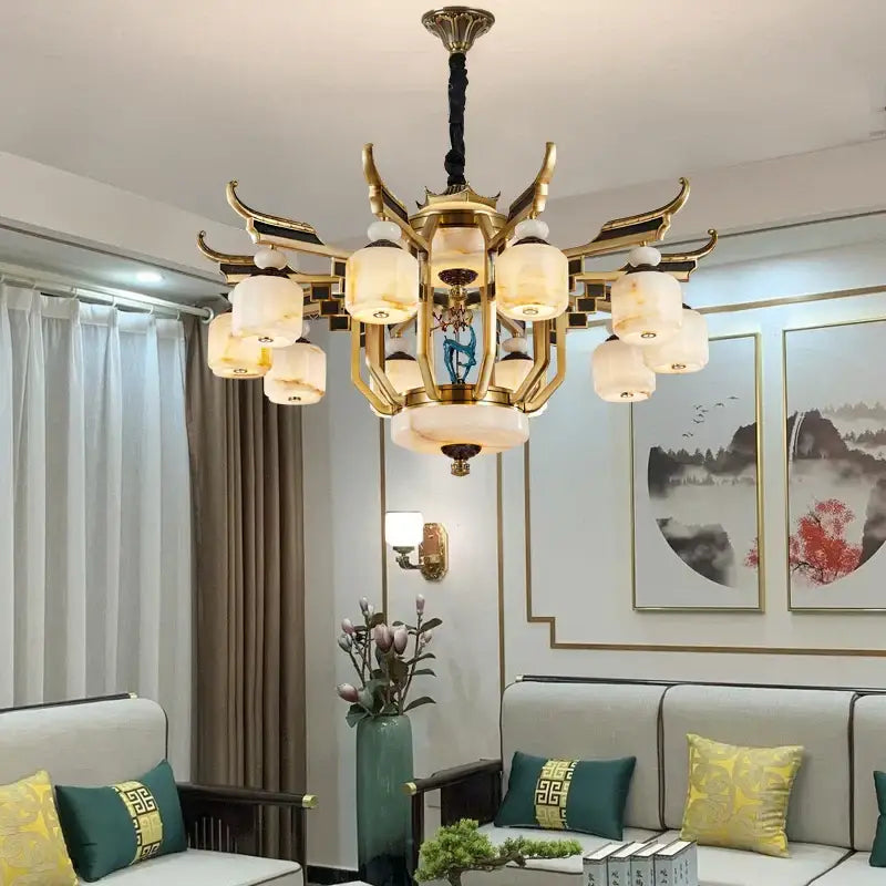 Chinese style golden copper jade chandelier living room lantern light