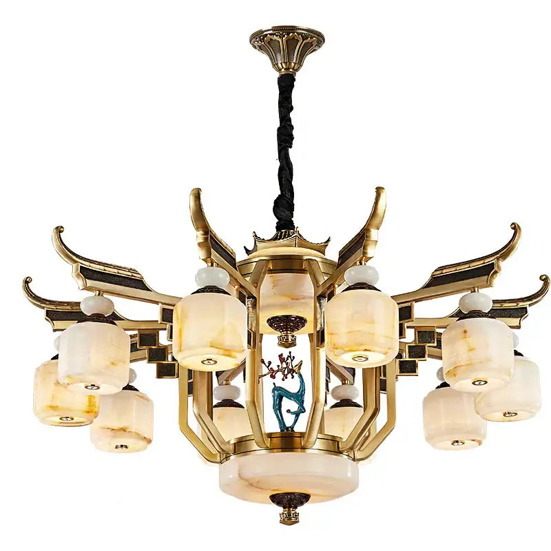 Chinese style golden copper jade chandelier living room lantern light