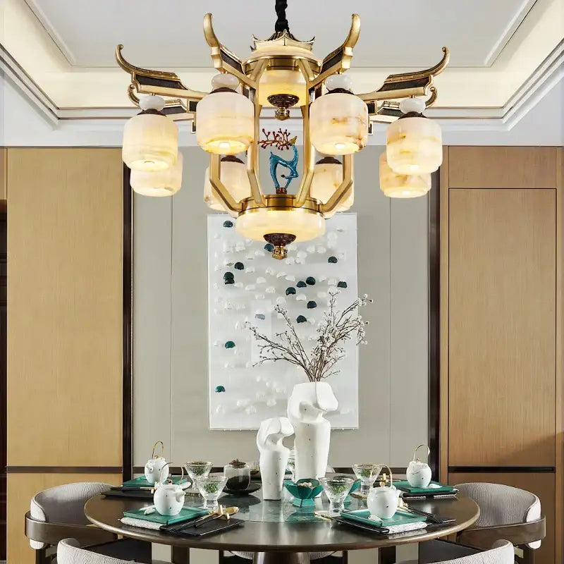 Chinese style golden copper jade chandelier living room lantern light