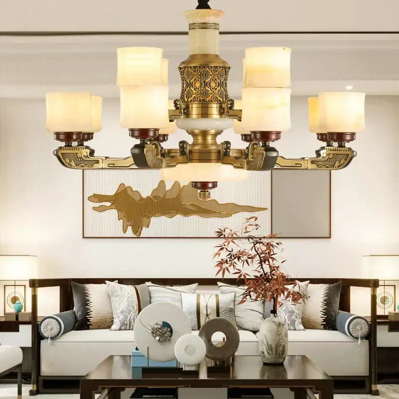 Luxury copper marble jade chandelier for living room lighting