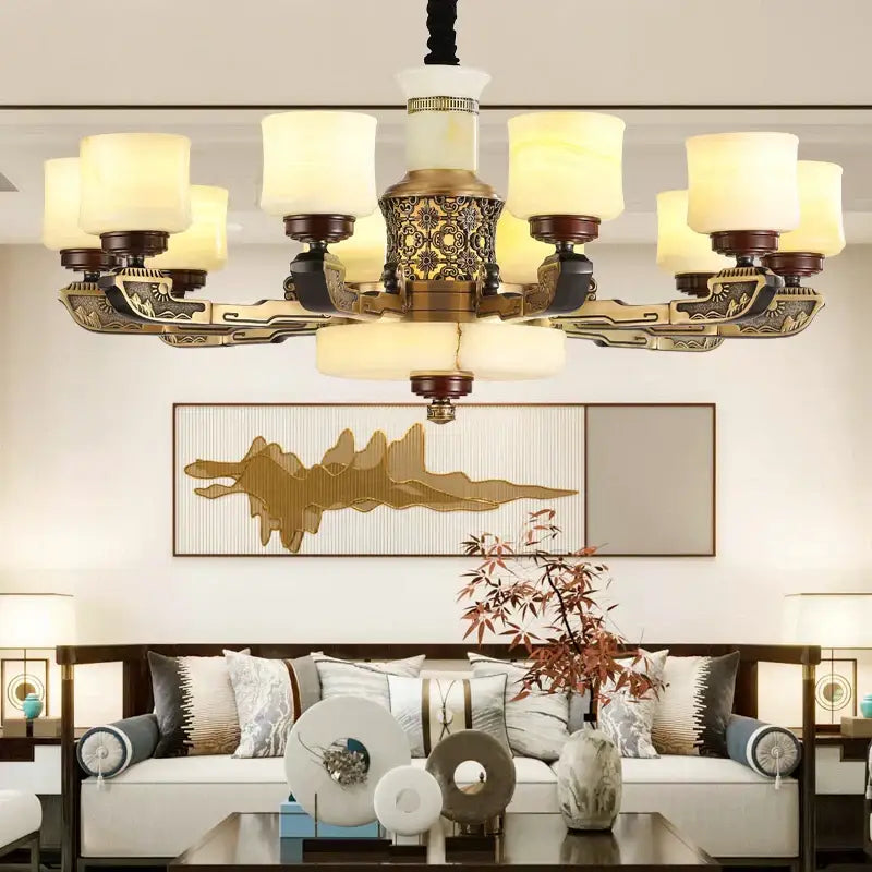 Luxury copper marble jade chandelier for living room lighting