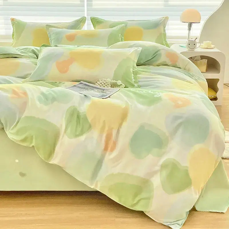 Abstract green & yellow aloe cotton printed bedding set bedroom