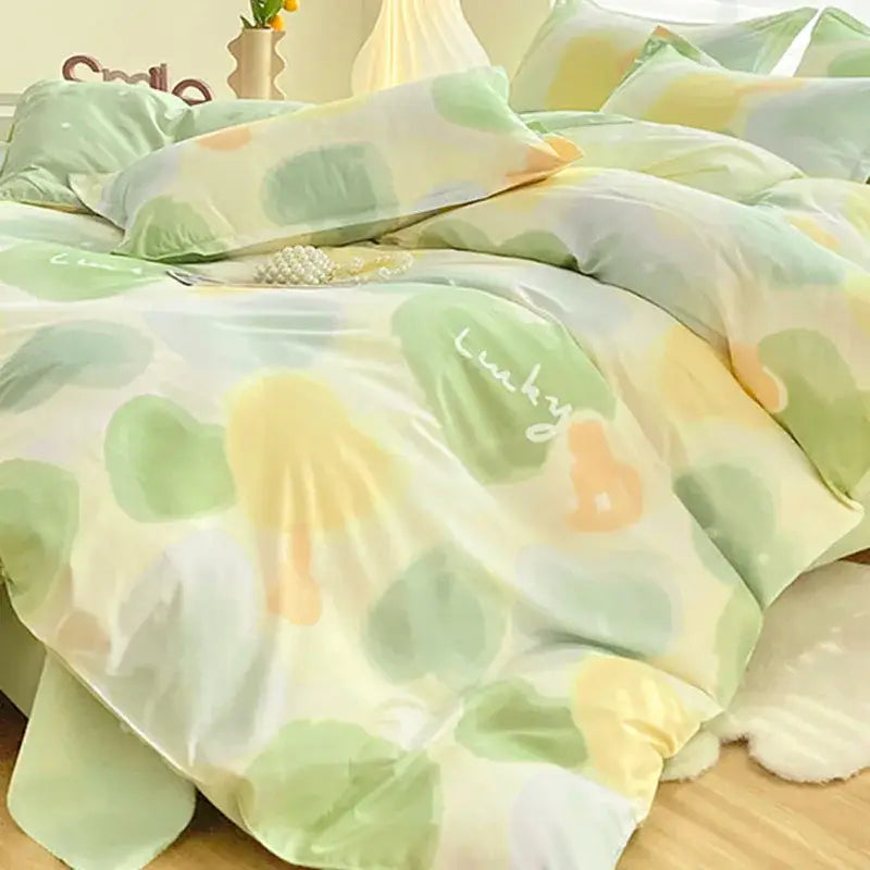Abstract green & yellow aloe cotton printed bedding set bedroom