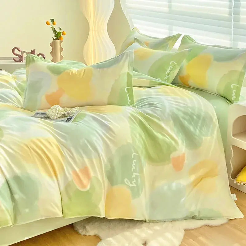 Abstract green & yellow aloe cotton printed bedding set bedroom