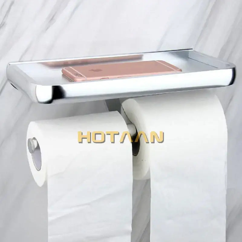 Modern chrome toilet paper holder with bathroom shelf