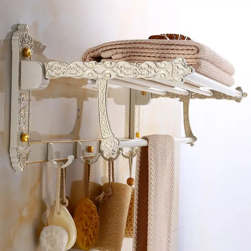 Ornate white & gold bath hardware set bathroom scrollwork rack