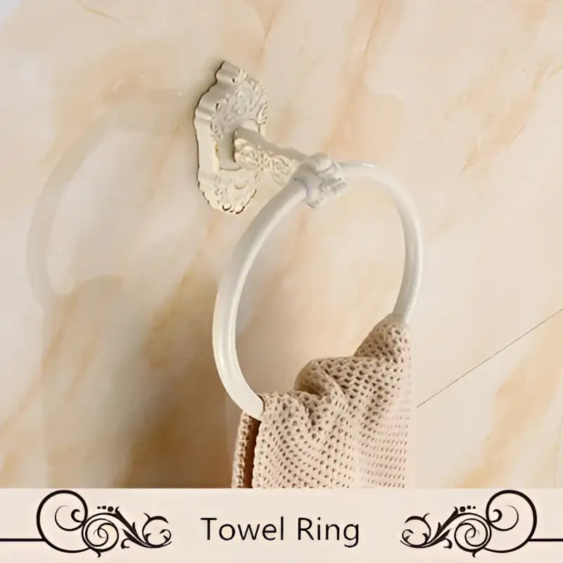 Ornate white & gold bath hardware set bathroom scrollwork rack