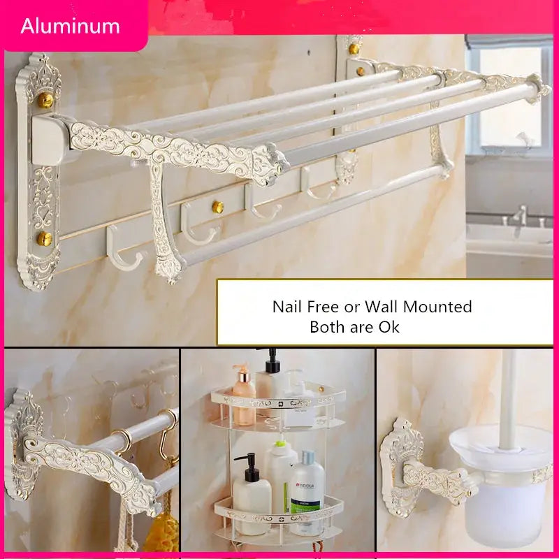 Ornate white & gold bath hardware set bathroom scrollwork rack