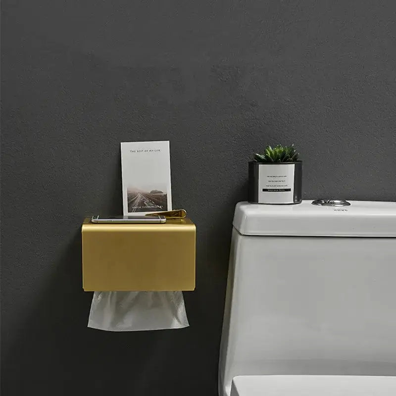Modern brushed gold toilet paper holder with box bathroom storage