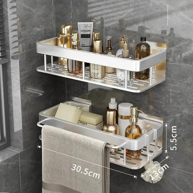 Silver two tier aluminum corner shelf bathroom storage with towel rack