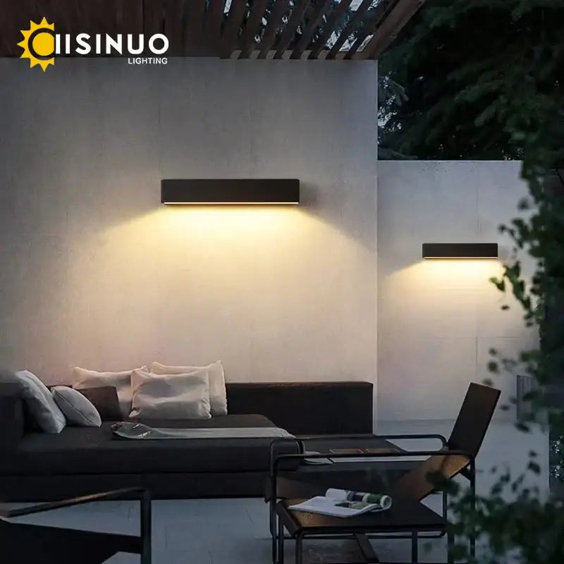 Modern black rectangular outdoor wall sconces – patio warm light