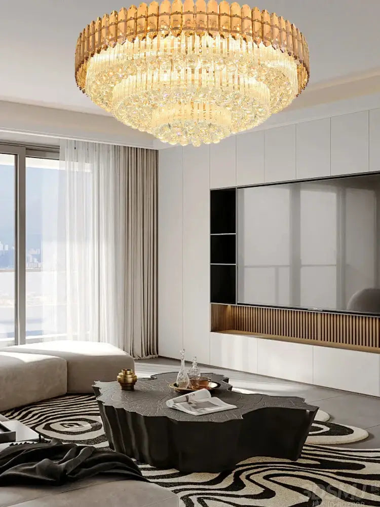 Amber crystal round chandelier living room tiered gold ceiling light