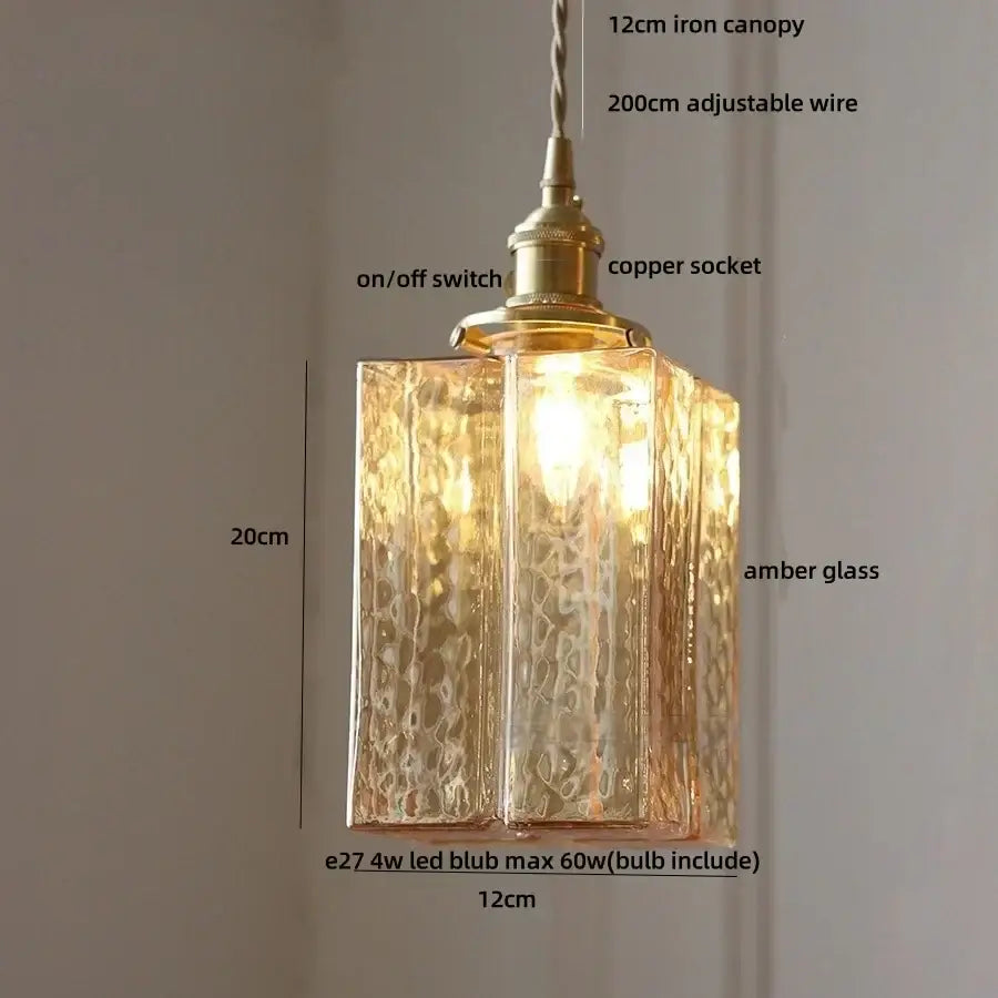 Vintage amber glass cube led pendant light kitchen brass hardware