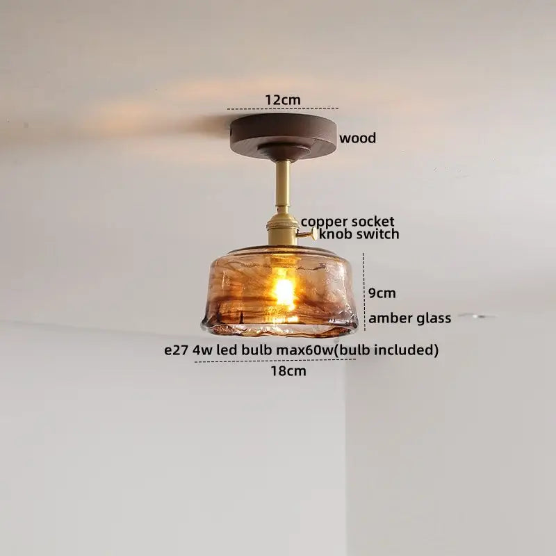 Modern amber glass led ceiling light kids room wood canopy
