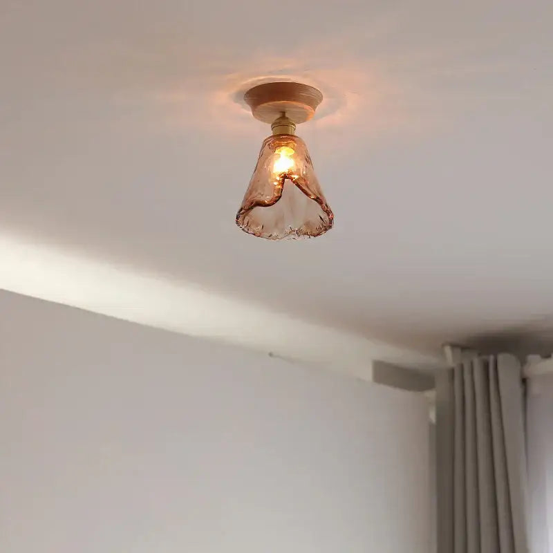 Modern amber glass led ceiling lights for dining room with wood mount