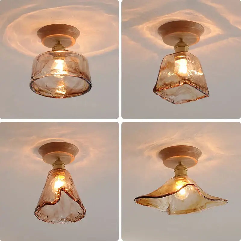 Modern amber glass led ceiling lights for dining room with wood mount
