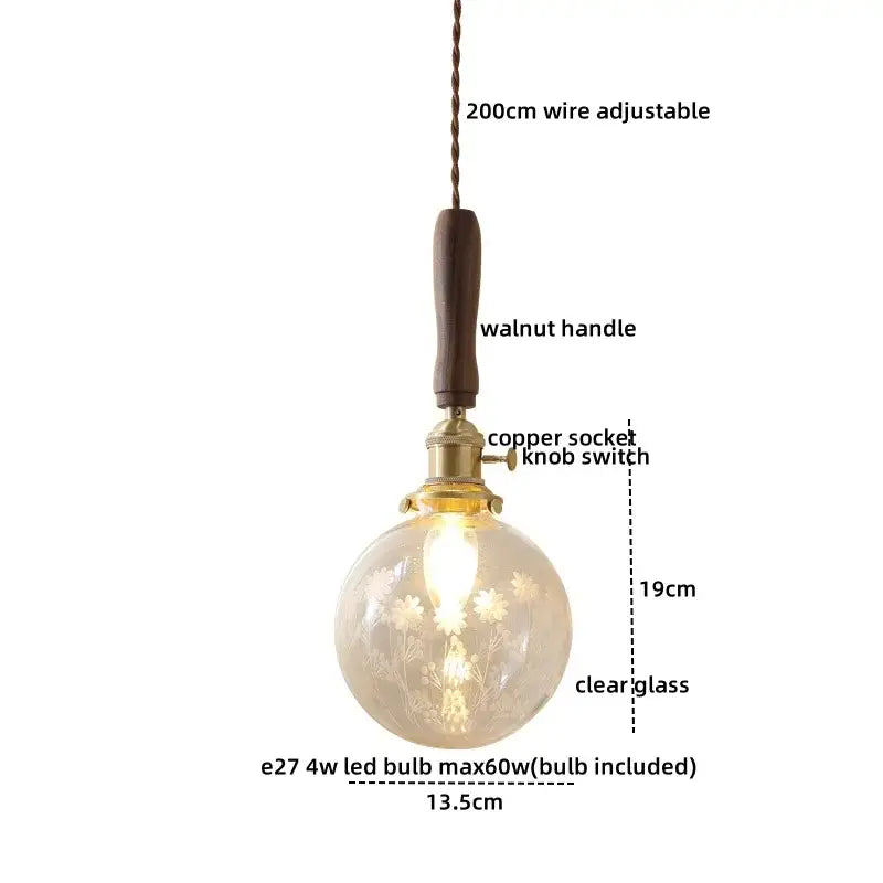 Amber glass led pendant light copper & walnut dining room