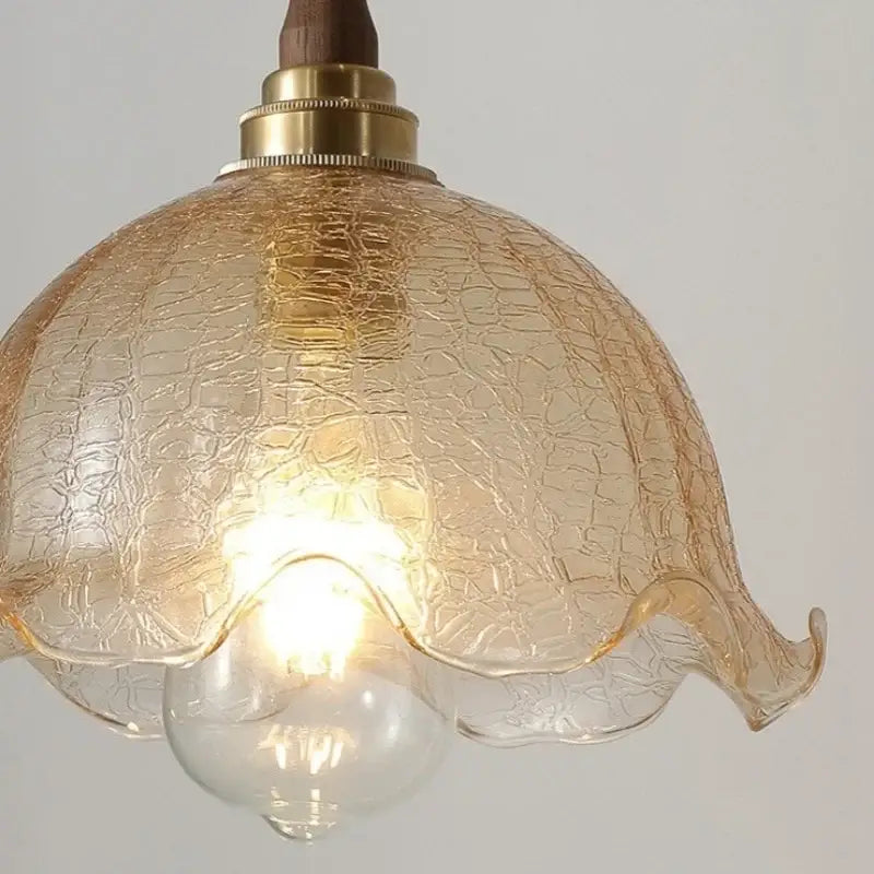 Amber glass led pendant light copper & walnut dining room