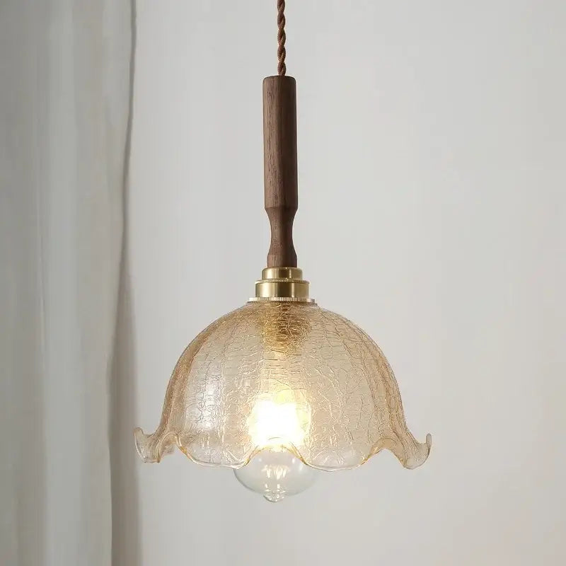 Amber glass led pendant light copper & walnut dining room
