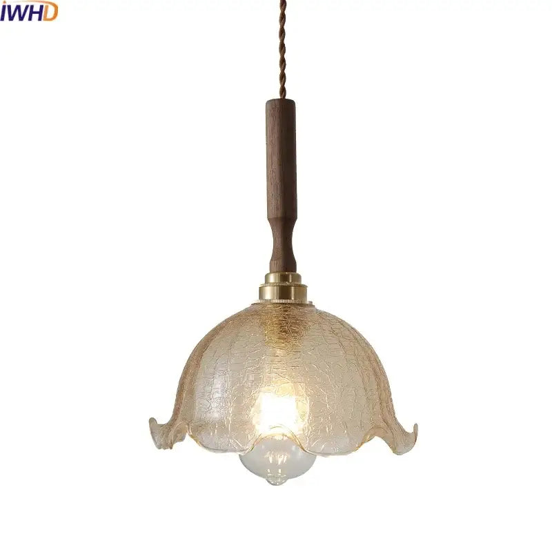 Amber glass led pendant light copper & walnut dining room
