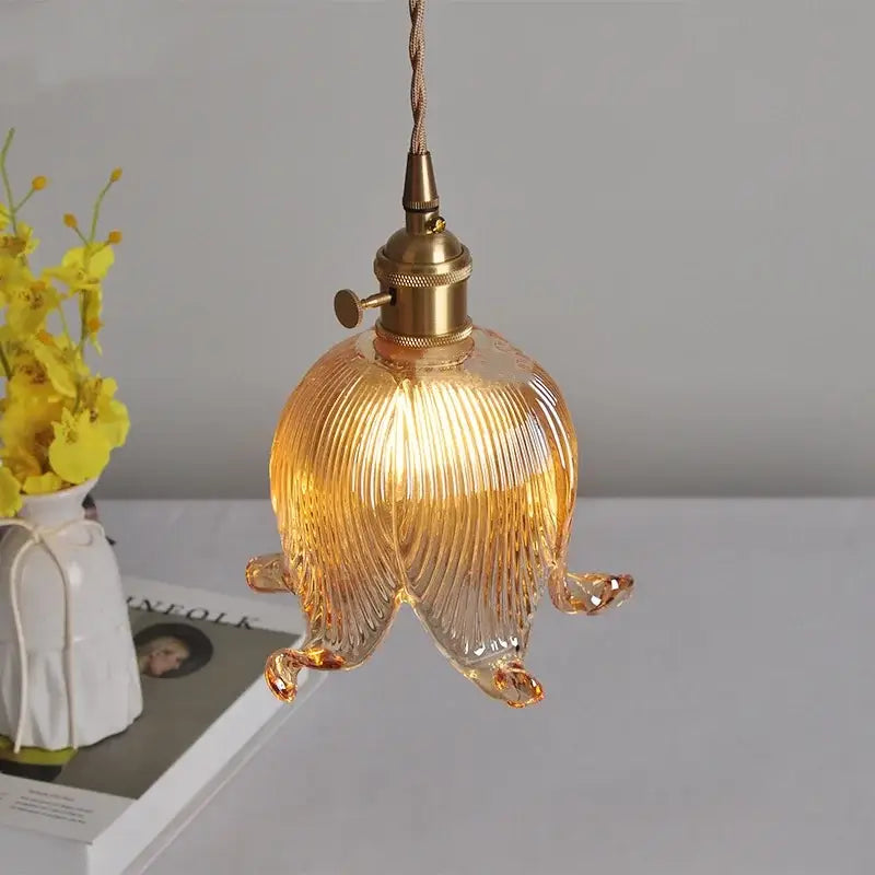 Modern flower amber glass pendant light dining room hanging fixture