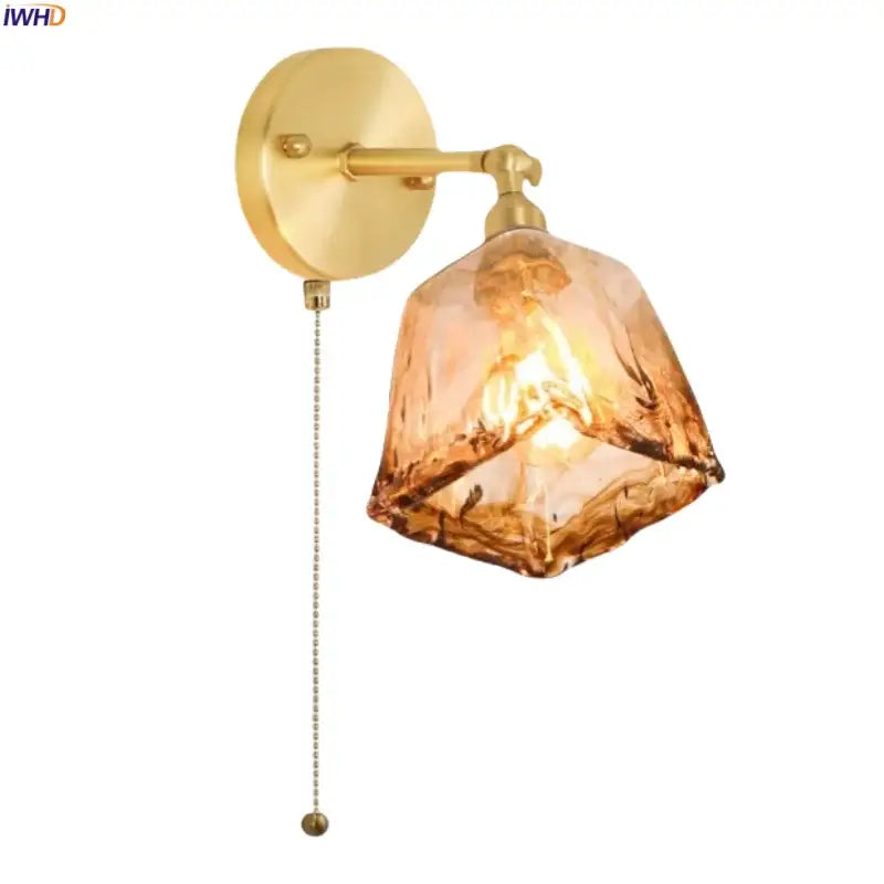 Minimalist amber glass and gold led wall lamp bedroom pull chain