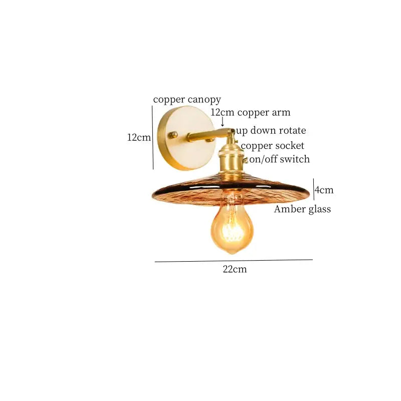 Minimalist amber glass and gold led wall lamp bedroom pull chain