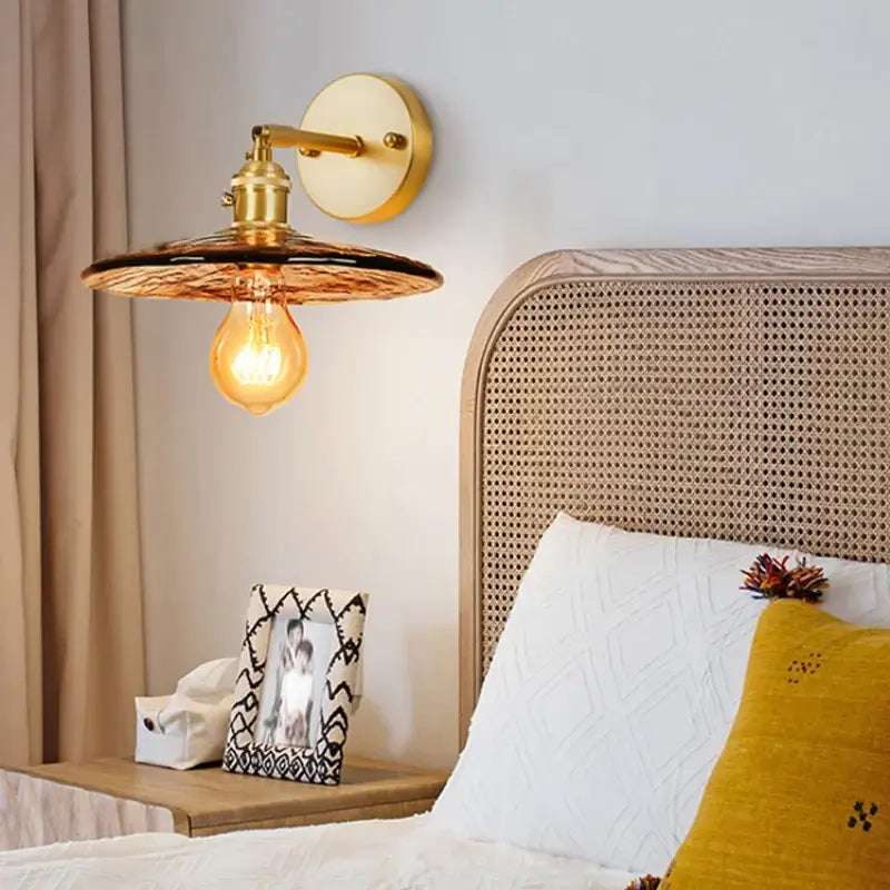 Minimalist amber glass and gold led wall lamp bedroom pull chain