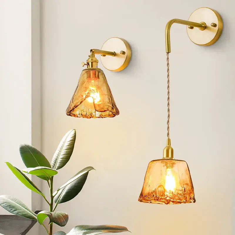 Minimalist amber glass and gold led wall lamp bedroom pull chain