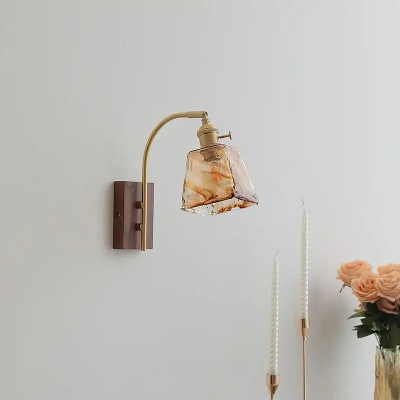 Antique brass and amber glass wall lamp bedroom sconce