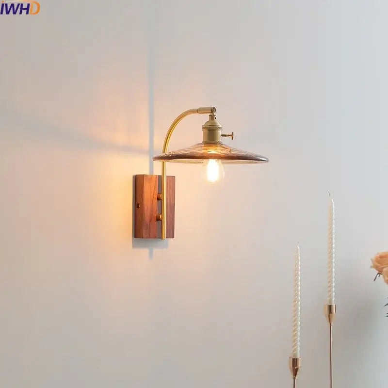 Antique brass and amber glass wall lamp bedroom sconce