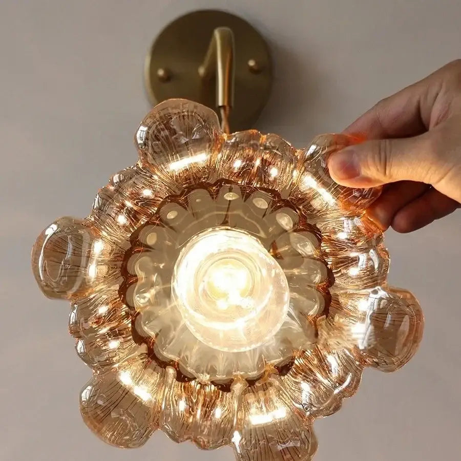 Antique brass amber flower glass led wall sconce bedroom light