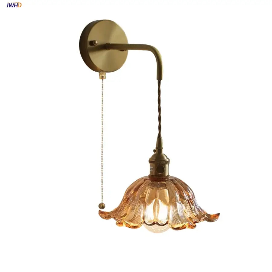 Antique brass amber flower glass led wall sconce bedroom light