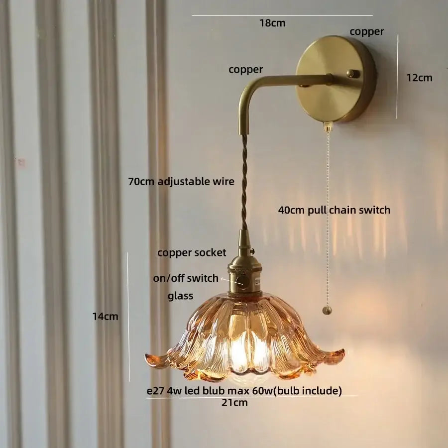 Antique brass amber flower glass led wall sconce bedroom light