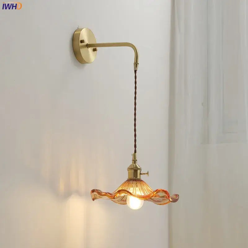 Antique brass amber glass led wall sconce for bedroom lighting