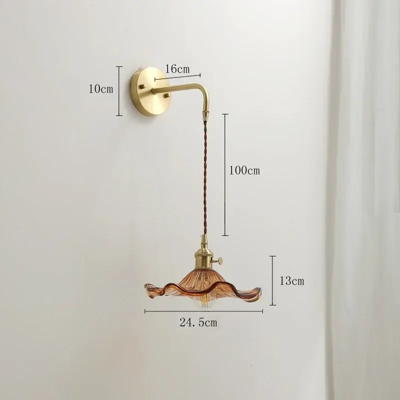 Antique brass amber glass led wall sconce for bedroom lighting