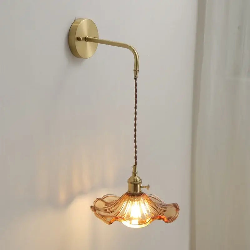 Antique brass amber glass led wall sconce for bedroom lighting