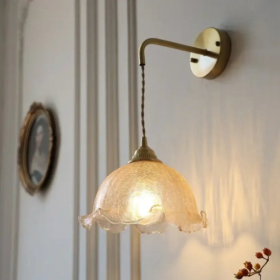 Antique brass and amber glass led wall sconce for bedroom
